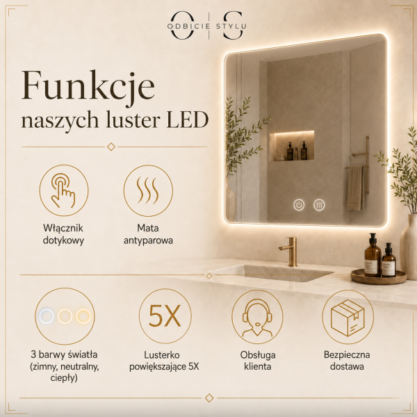 Kwadratowe lustro LED łazienkowe na wymiar Aurelia