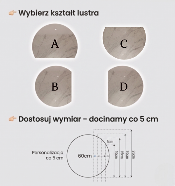 Lustro półokrągłe ścięty bok LED Aurelia