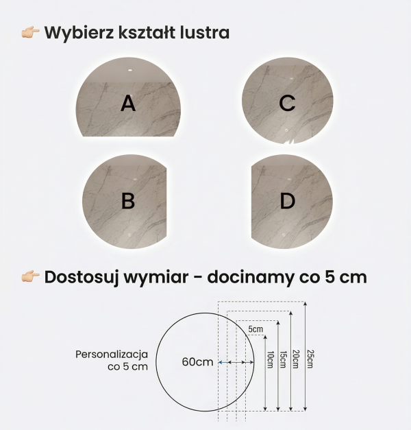 Lustro półokrągłe ścięty bok LED Aurelia