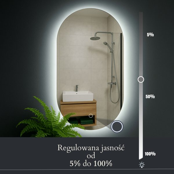 lustro owalne bez ramy, mozliswosc regulacji jasności LED od 5% do 100%