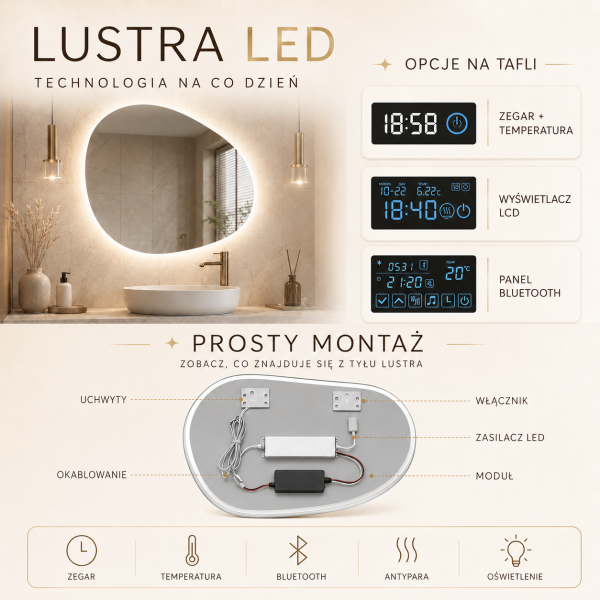 Lustro nieregularne LED T1 Lunara na wymiar