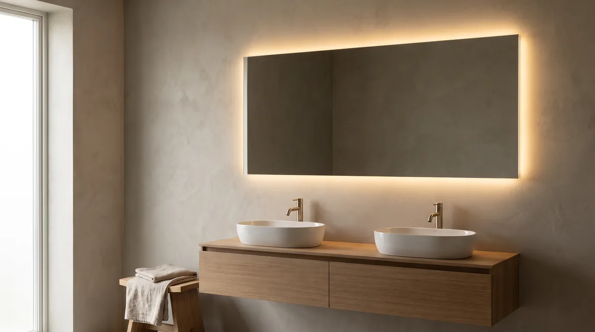 Szerokie bezramowe lustro LED z ciepłą poświatą zawieszone nad dwiema ceramicznymi umywalkami